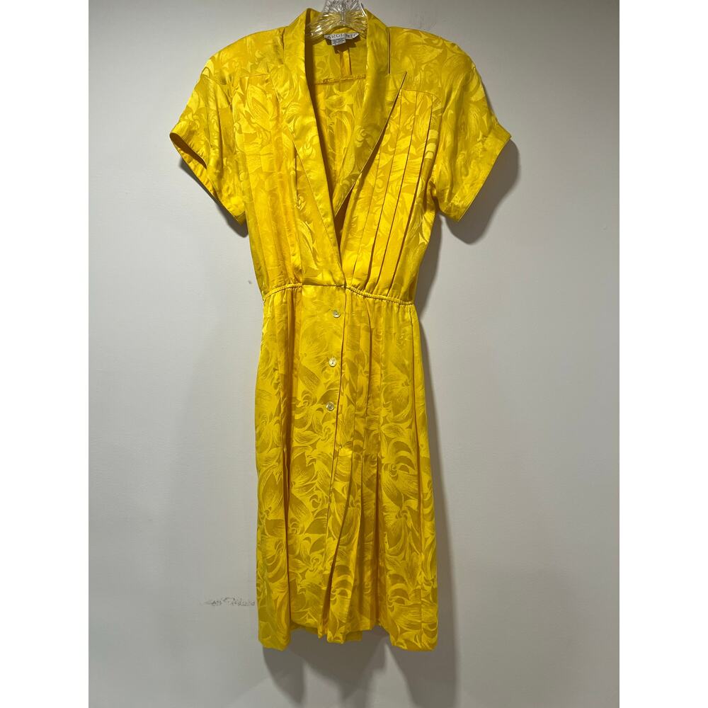 Argenti Vintage 100% Silk Short Sleeve Pleated Midi Dress Bright Yellow Sz 6